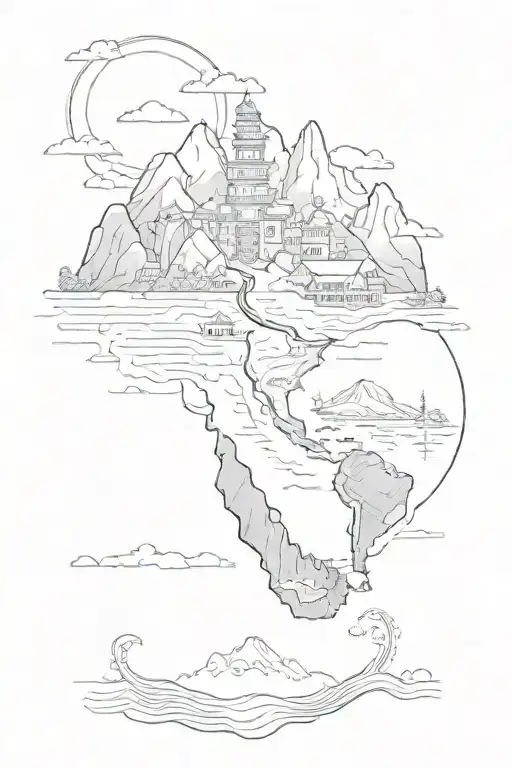 A Creative Tattoo Merging The Landscapes Of Goa And Ladakh With Musical Elements In A Sketch Style