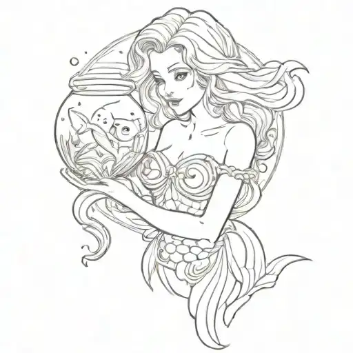 A Sketch-style Tattoo Of A Mermaid Holding A Fishbowl With Aquarius And Gemini Elements