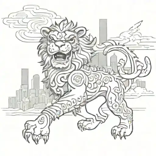 A Lion Dancing Gracefully In A Chicago Skyline Background