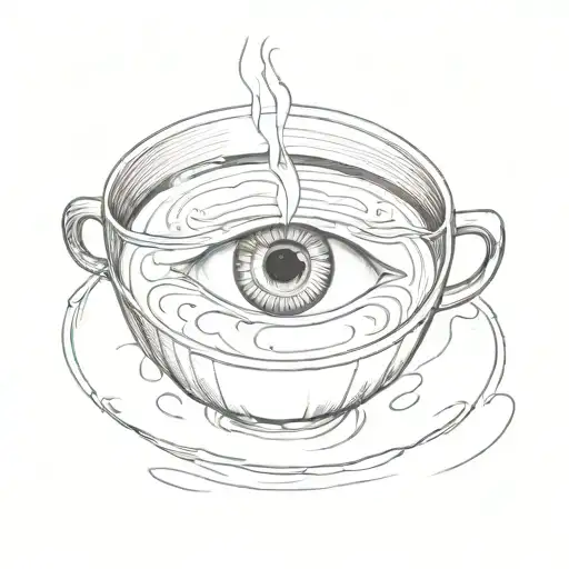 A Pencil Drawing Of A Coffee Cup With An Eye As The Reflection In The Liquid