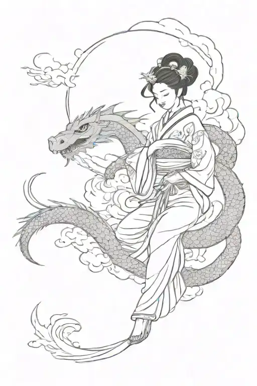Japanese Geisha With Dragon Wrapped And Traditional Eastern Clouds Around It