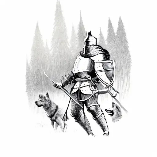 Medieval Knight With Wolves In A Forest With Castle In The Back Ground