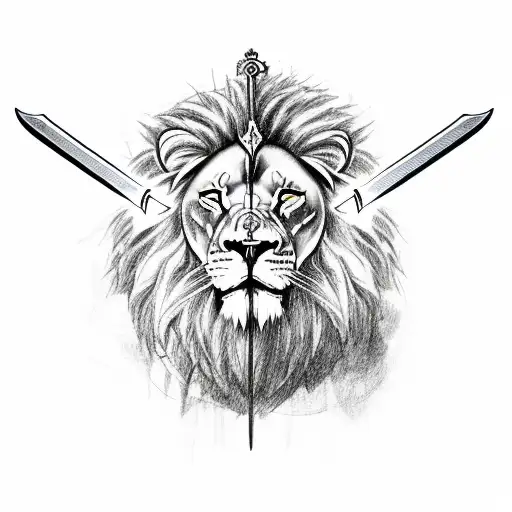 Sword With A Lion On The Left Side And Jesus Praying On The Right Side