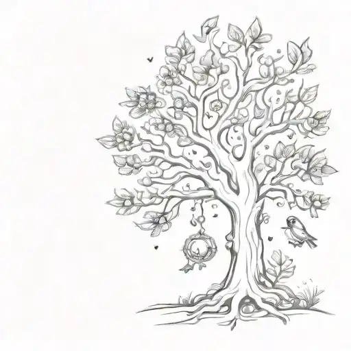 A Whimsical Tree With Mystical Creatures And Floral Elements In A Sketch Style
