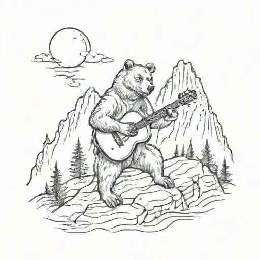 A Sketch Style Tattoo Of A Bear Playing A Guitar On A Cliff Overlooking A Scenic Mountain Landscape