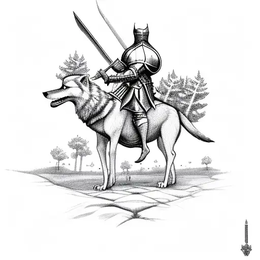 Medieval Knight With Wolf Pack Surrounded By Trees With Castle In The Back Ground