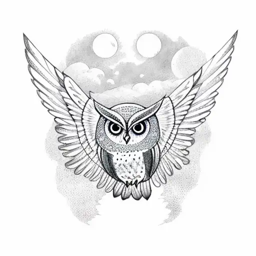 Passionate Owl With Spread Wings Behind Owl Is A Forest And To The Left Is The Moon