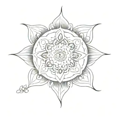 A Sketch Style Tattoo Of An Intricate Mandala Design With Hidden Elements Of Ocean Waves And Vines