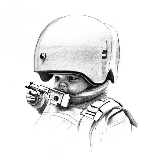 Baby Wearing Helmet Pointing A Gun