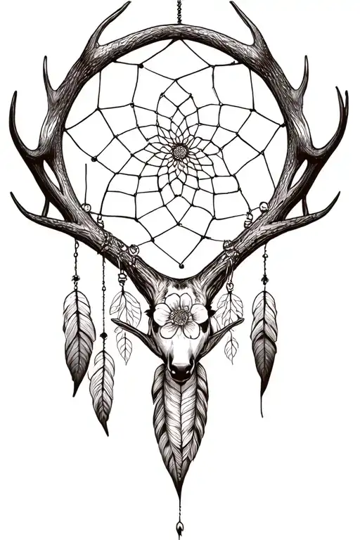 Dream Catcher Entangled Floral And Deer Antlers Intertwined