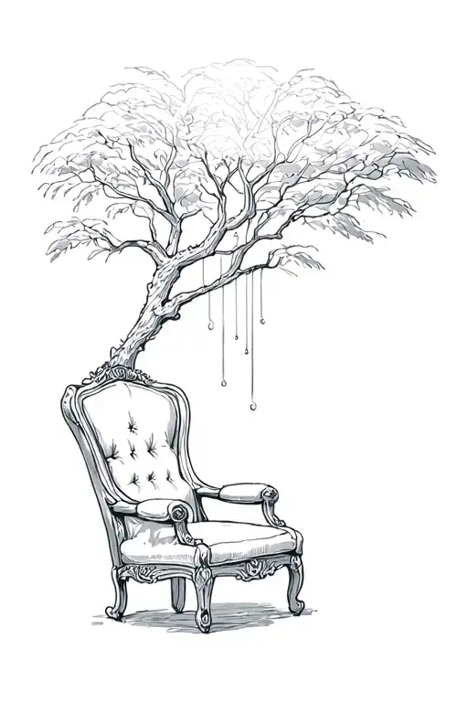 Armchair To The Right Side Of A Willow Tree And Sunlight Coming Down