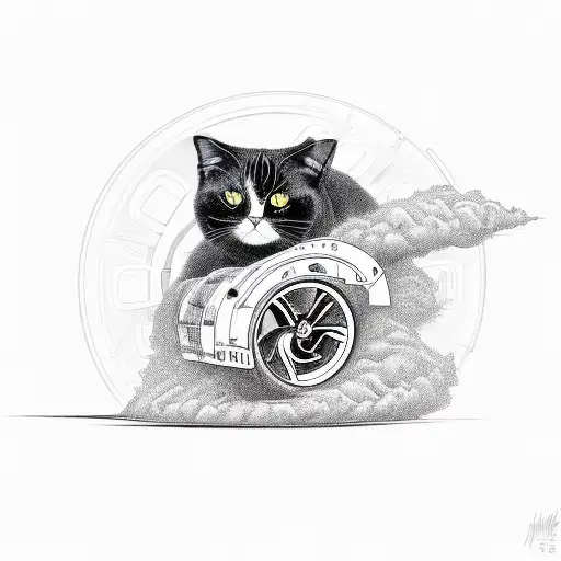 Black House Cat Ridding A V8 With Wheels Doing A Big Smokey Burn Out In A Cartoon Style