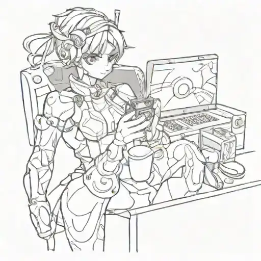 A Futuristic Anime Character Playing A Video Game While Drinking Coffee