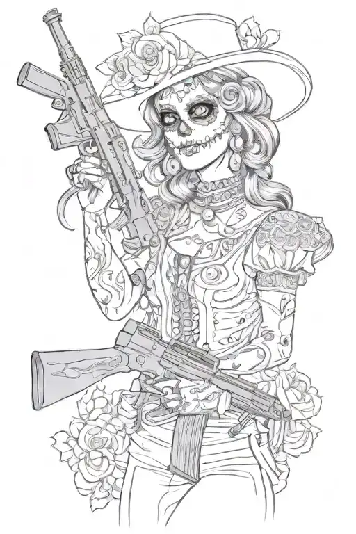 Sugar Skull Lady Holding Army Gun
