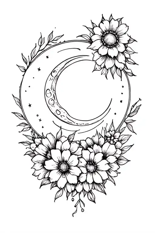 Flowers Around Moon And Sun