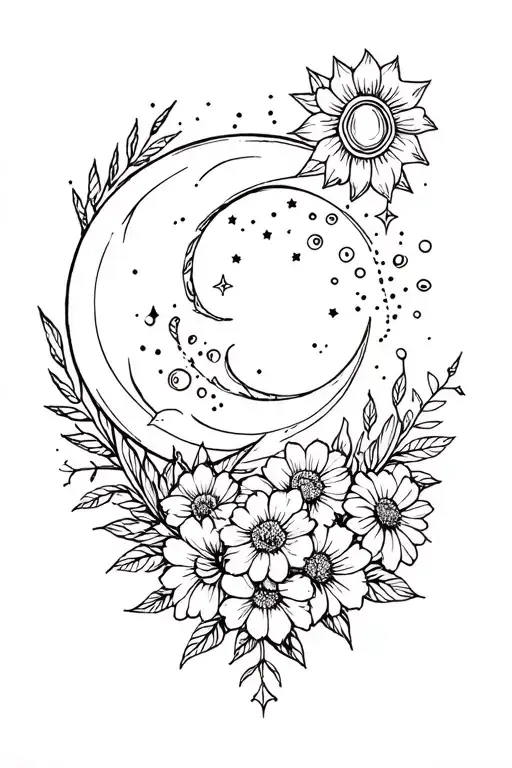 Flowers Around Moon And Sun