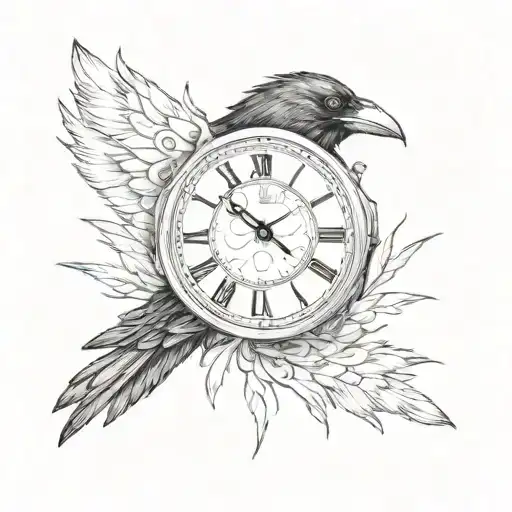 A Mystical Raven With A Clock Face Embedded In Its Feathers