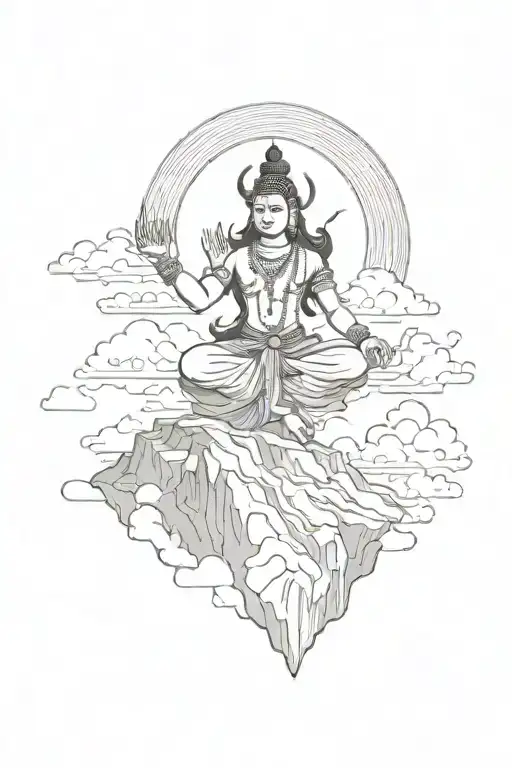 A Sketch-style Tattoo Of Shiva Dancing On A Mountain Peak Surrounded By Clouds