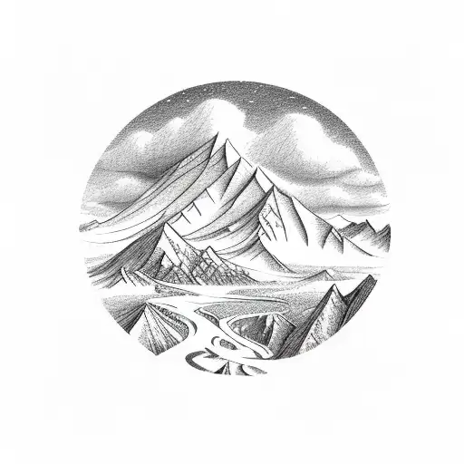 A Detailed Sketch Of A Mountain Range With A Winding Road Leading Towards It