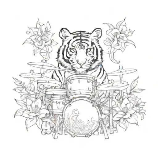 A Tiger Playing The Drums Surrounded By Lilies Blooming