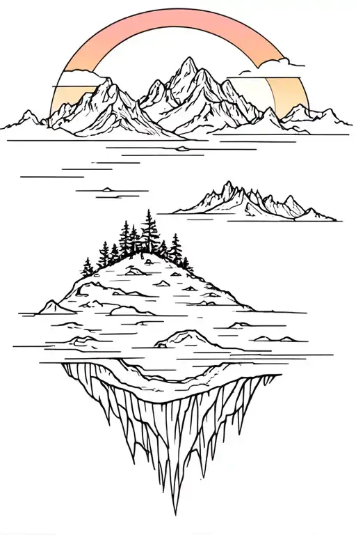 Mountain Floating Island In The Sky With Sunset Outline Tattoo Design Featuring