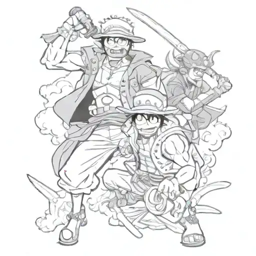 A Dynamic And Action-packed Scene Featuring Characters From Both One Piece And Berserk