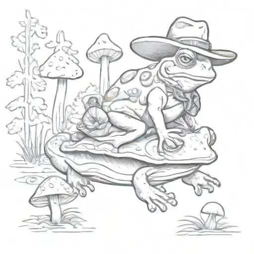 Cowboy Frog Riding A Snail In A Forest Of Mushrooms