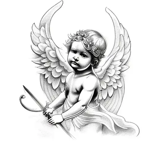 Less Detail Simple Traditional Style Tattoo Of A Cherub With A Sword And A Halo In Black And White