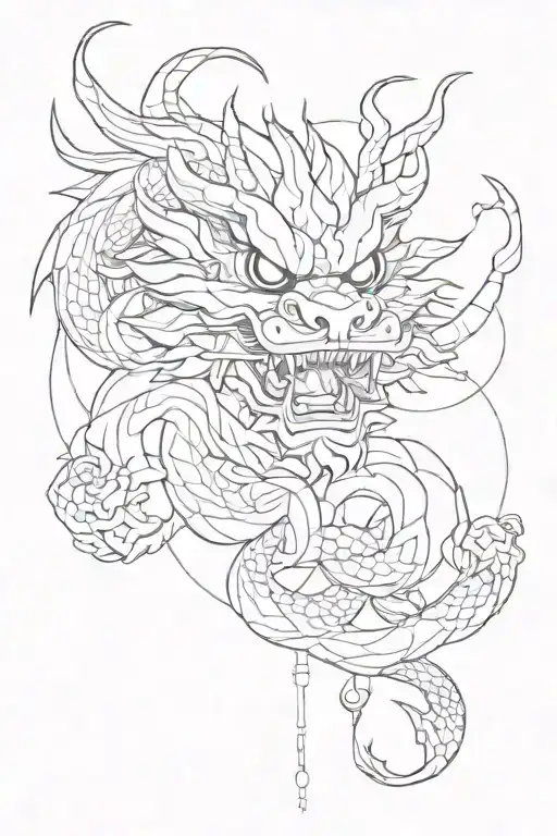 A Geometric Pattern Incorporating Elements Of A Chinese Dragon And Youkai Masks