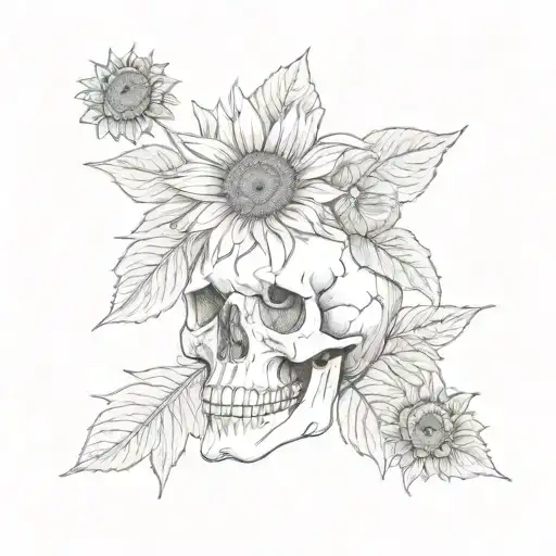 A Realistic Human Skull Next To A Single Sunflower Without The Leaves