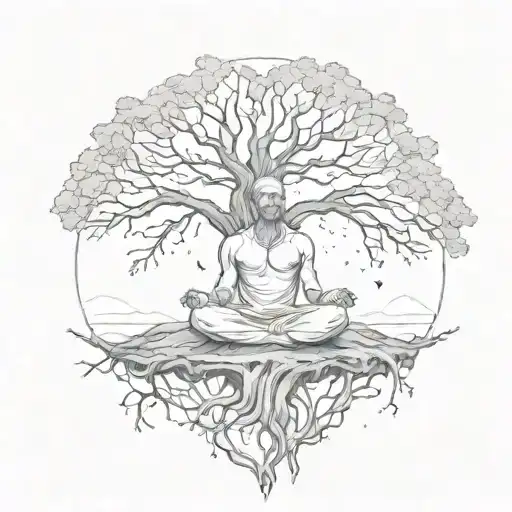 A Philosopher Meditating Under A Tree With Roots Reaching Into Space