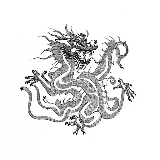 Chinese Dragon Fighting Lion In Front Of Holly Bush