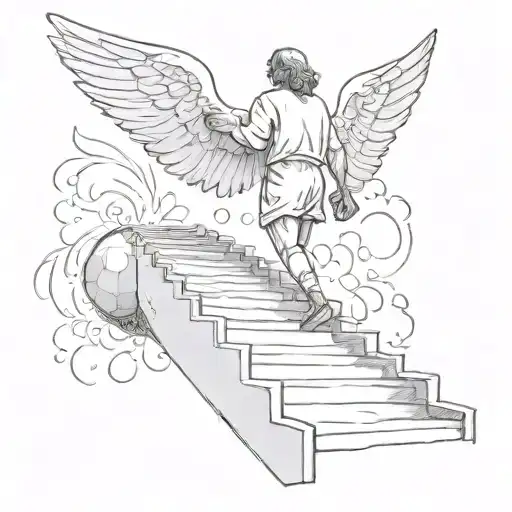 Angel With A Foot Ball Walking Up On Stairs To Heaven