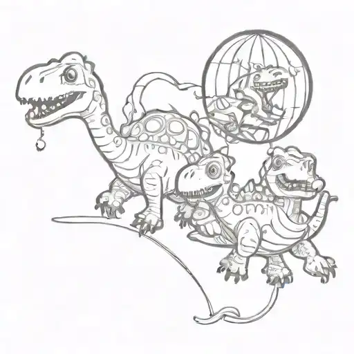 Three Cute Baby Dinosaurs Chasing A Run Away Balloon