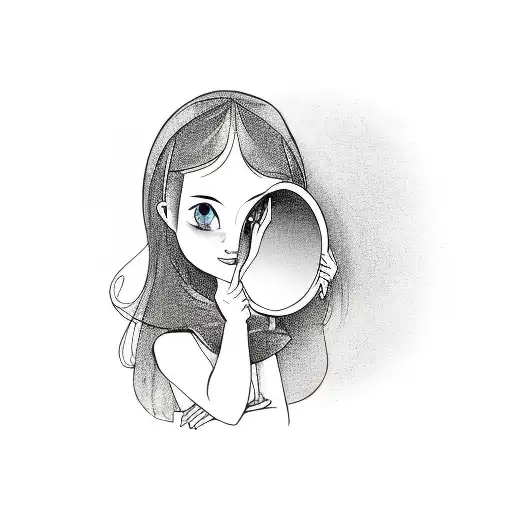 A Cartoon Girl Holding A Mirror And Looking At It