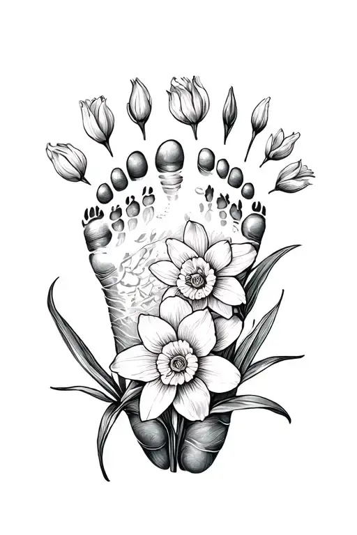 Baby Footprint With Narcisus Flower And Marigold