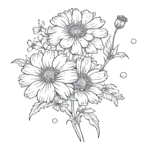 Marigold And Cosmos Flowers With Ocean