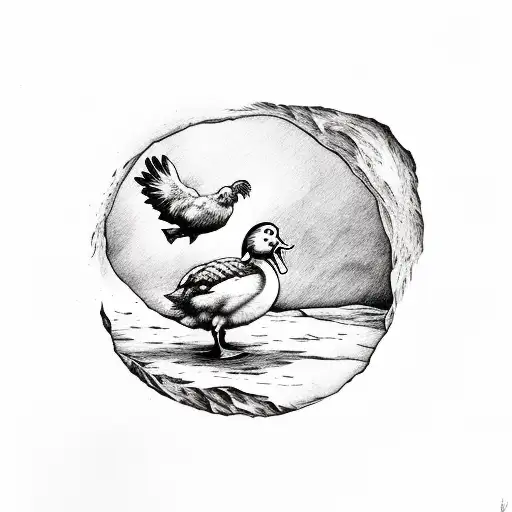 Chicken With Knife And A Duck With Hat Coming Out Of A Cave With Moon In Sky