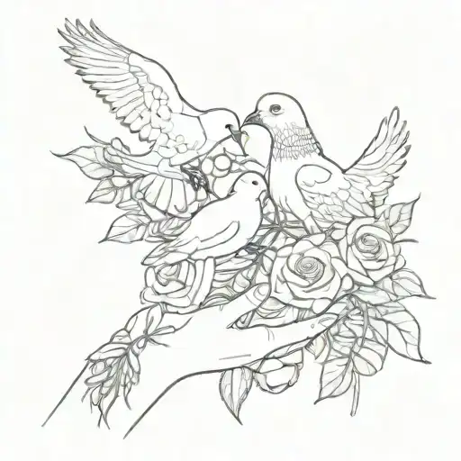 Two Hands Holding A Dove And Roses And Lily's Of The Valley Around
