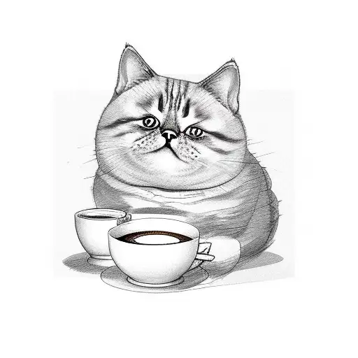 Fat Cute Cat With A Cup Of Coffee