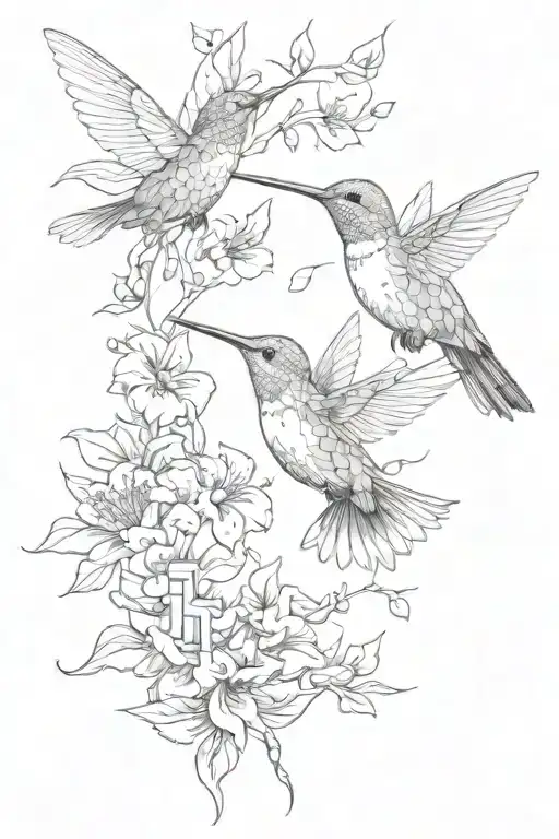Hummingbird Flying And Butterflies With Flowers And Cross