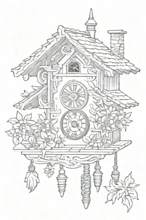Cuckoo Clock German With Edelweiss Surrounding And Chimney Decorative Roof And Weights On Bottom