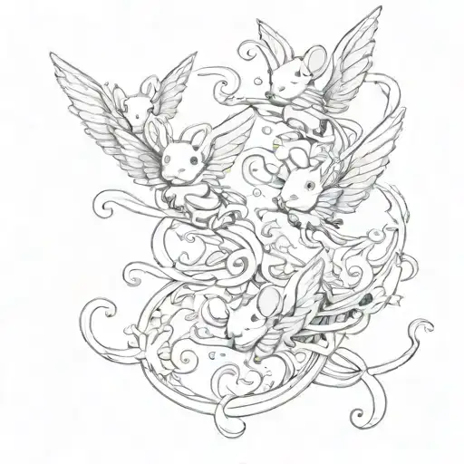Tattoo Sketch Black And White Curly Mice Angels Flying