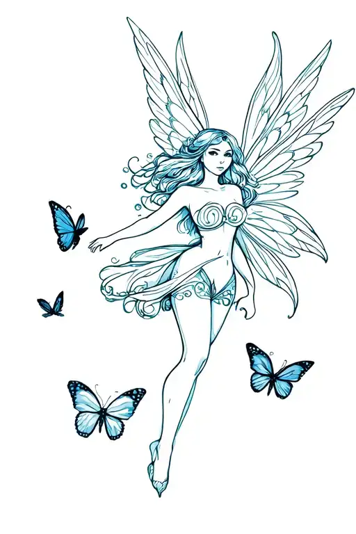 Winged Fairy And 3 Butterflies Flying