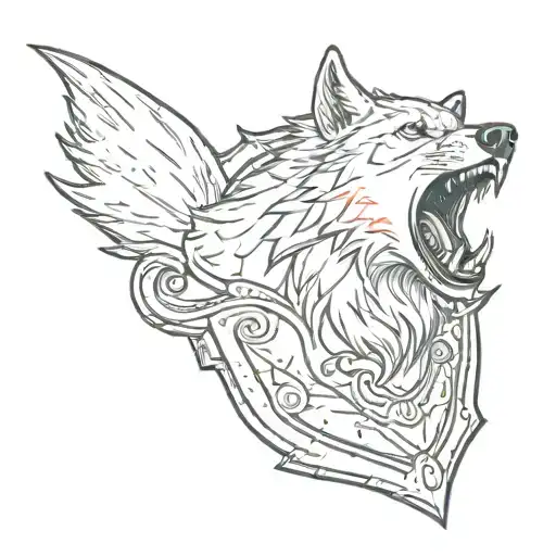 A Wolf Head Growling In Front Of A Shield