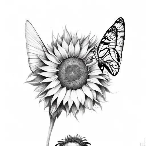 Butterfly And Sunflower And Feather