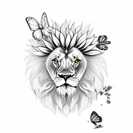 Lion With Butterfly And Sunflowers