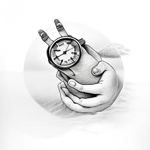 A Baby Hand Holds A Watch That Drowning In The Sand And In The Watch There Is A Sunset