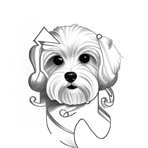 A Sketch-style Tattoo Featuring A Stylized Letter J Intertwined With A Maltese Dog Print