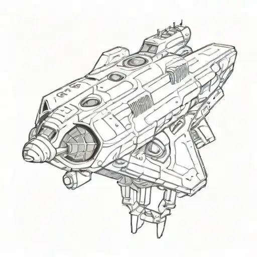 A Sketch Of A Retro Sci-fi Spaceship With A Bass Guitar Integrated Into The Design